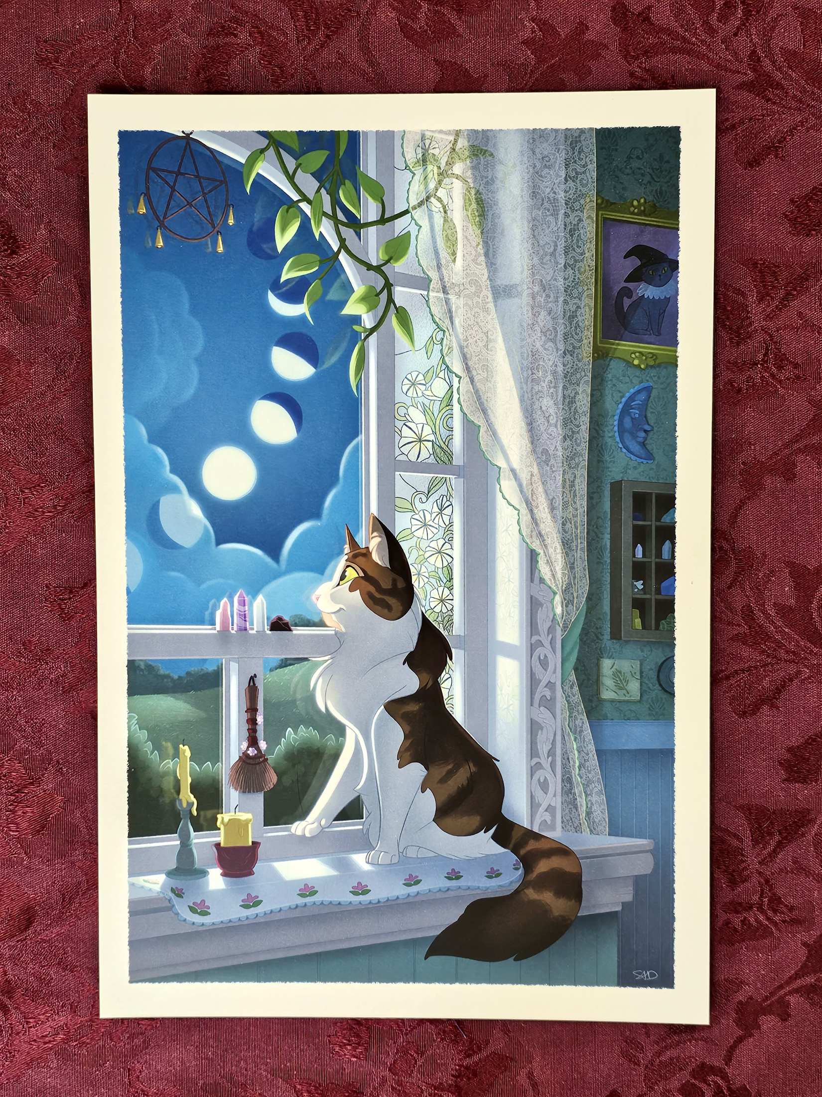 Window Gazer - 8x12 Fluffy Cat Moon Phases Witchcore Wall Art - Image 5