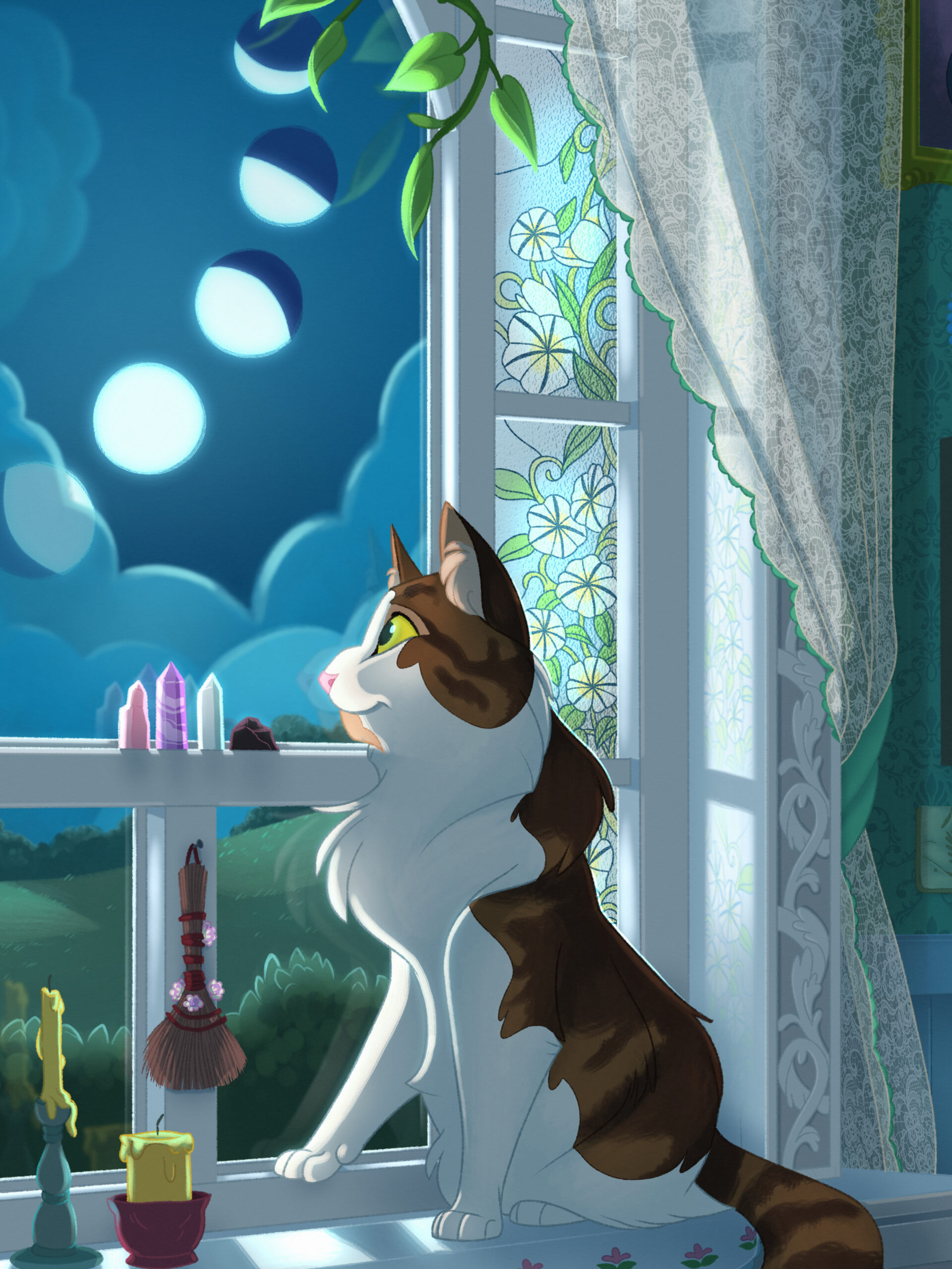 Window Gazer - 8x12 Fluffy Cat Moon Phases Witchcore Wall Art - Image 3