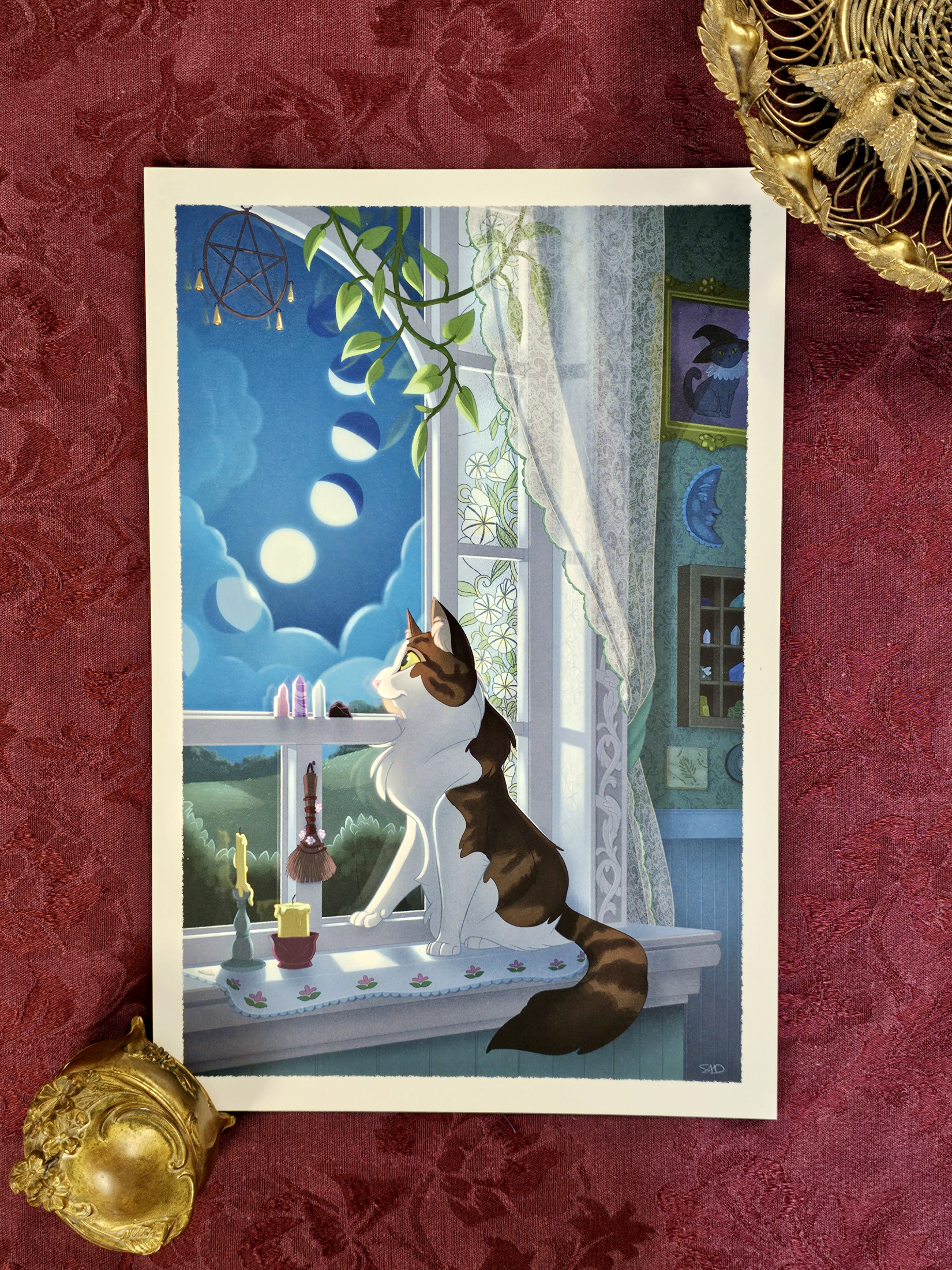 Window Gazer - 8x12 Fluffy Cat Moon Phases Witchcore Wall Art - Image 4