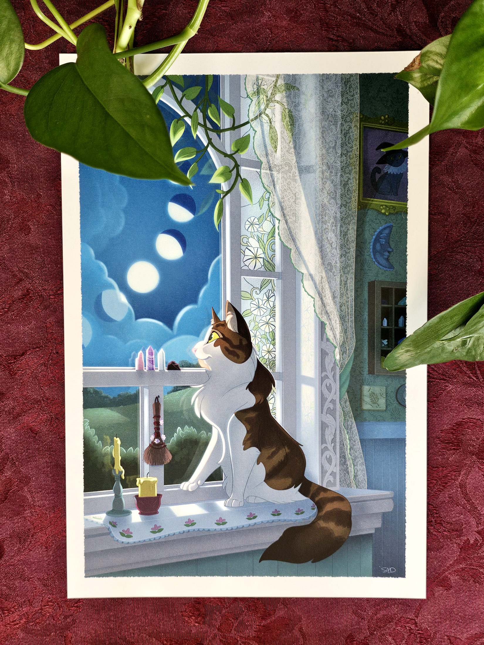 Window Gazer - 8x12 Fluffy Cat Moon Phases Witchcore Wall Art - Image 2