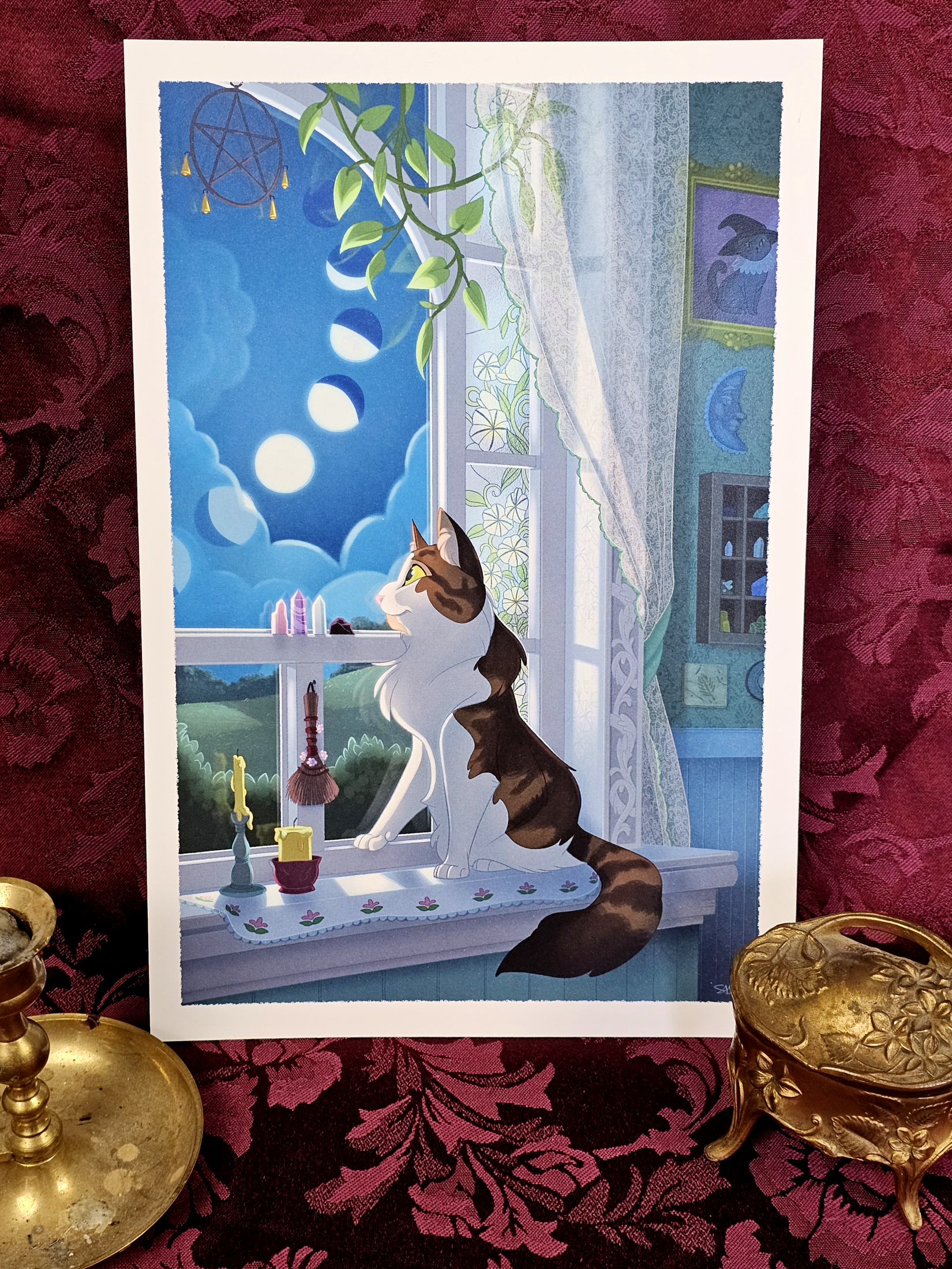 Window Gazer - 8x12 Fluffy Cat Moon Phases Witchcore Wall Art - Image 6