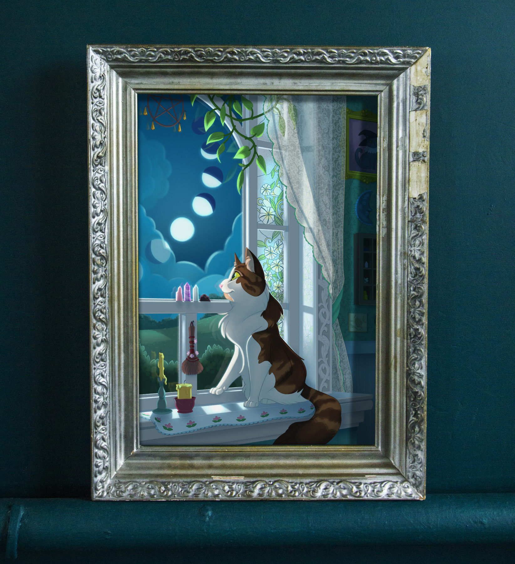 Window Gazer - 8x12 Fluffy Cat Moon Phases Witchcore Wall Art
